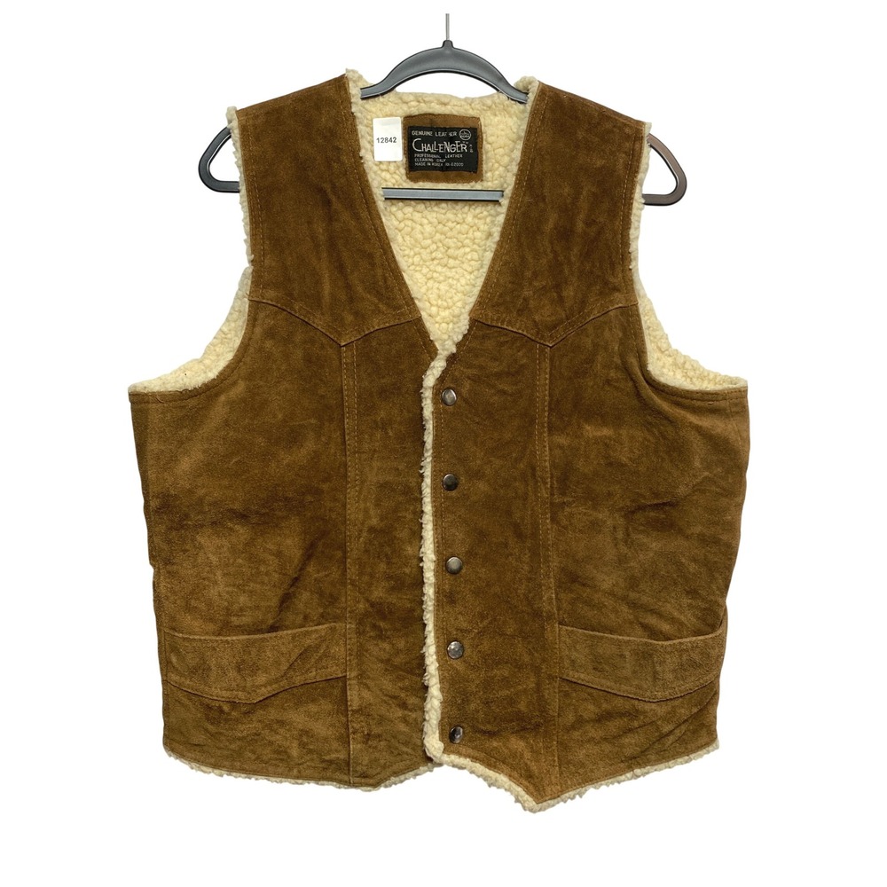 Challenger Vest Mens L Brown Western Suede Faux Shearling Lined Snap Front K-10